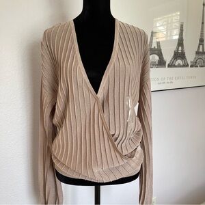 Guess Long Sleeve Shimmery Beige Gold Knit V-Neck Wrap Sweater, Size L
